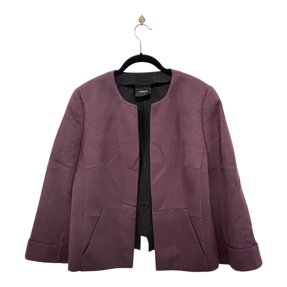 Akris Angora Wool Blend Blazer Purple Plum Collarless Open Front‎ US 10 FR 42